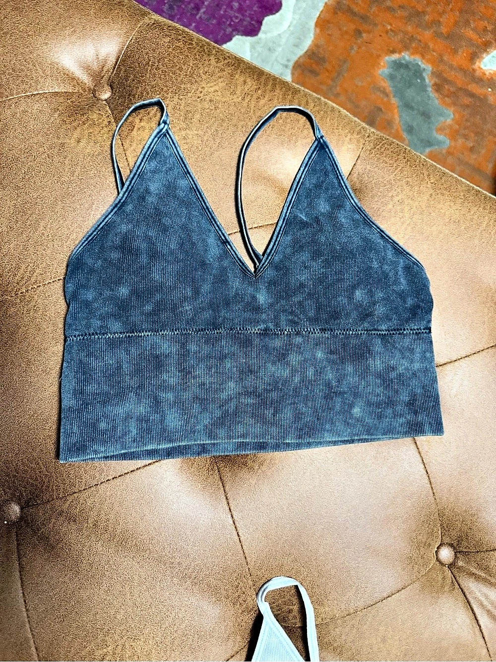 Zenana Outfitters Acid Wash Ribbed V-Neck Bralette Blue NWOT